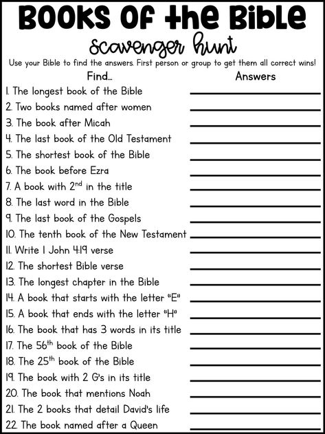 Make some fun with this Books of the Bible scavenger hunt game. Have everyone use their Bible and find the answers to the 22 questions. The questions are geared towards the Books of the Bible. This is perfect for church youth groups, bible study, Sunday School, family night, homeschool, and more. This product is DIGITAL only. This product is a PDF. Item Includes: -Full page and half page option of scavenger hunt -Answer key Bible Wheel Of Fortune Game, Hallelujah Night Games, Books Of The Bible Scavenger Hunt, Youth Group Scavenger Hunt Church, Bible Left Right Game, Books Of The Bible Games For Kids, Bible Study Activities For Youth, Bible Activities For Teens, Bible Scavenger Hunt For Youth