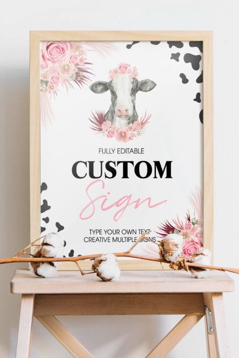 Say what you need to say; whatever it is you want to say, label, or announce, this custom sign has you covered. The holy cow theme custom sign is perfect for any cow 1st birthday party, boho cow baby shower, or floral farm-themed event in you or your little one's life.  #CustomSign #GiftTableSign #HolyCowBirthday Boho Cow Party, Boho Farm Birthday Party, Cow 1st Birthday Party, Cow 1st Birthday, Cow First Birthday, Girls Farm Birthday, Cow Baby Shower, Floral Farm, Cow Baby Showers