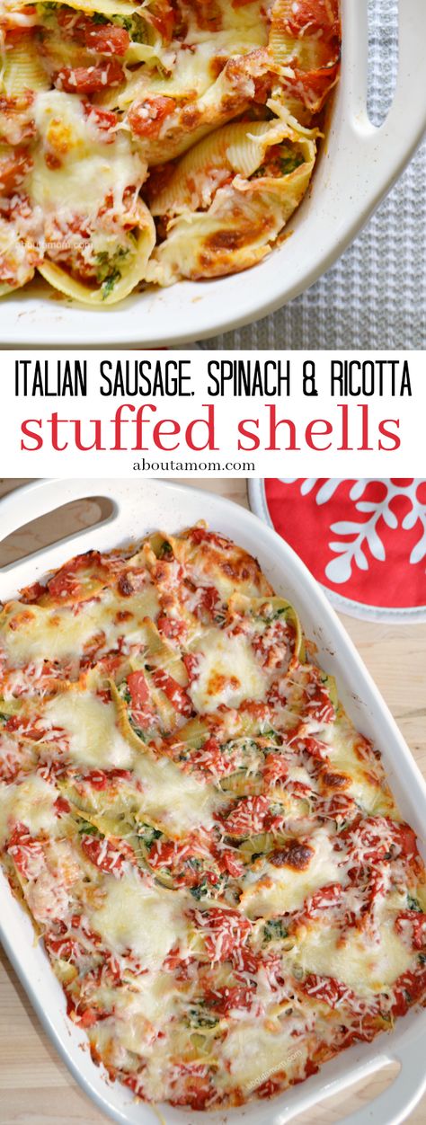 Spinach And Ricotta Stuffed Shells, Italian Sausage Spinach, Sausage Stuffed Shells, Ricotta Stuffed Shells, Spinach Stuffed Shells, Pasta Bakes, Sausage Spinach, Stuffed Shells Ricotta, Spinach And Ricotta