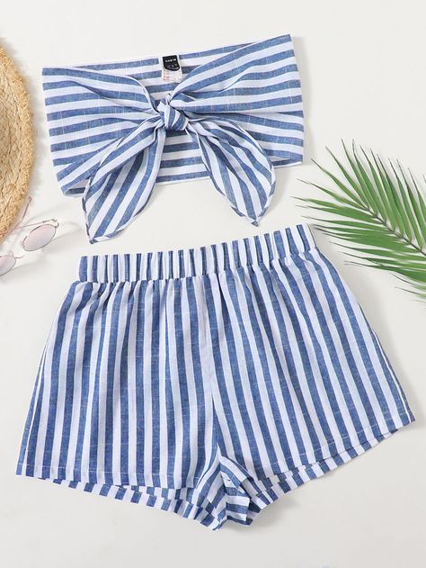 Blue and White Boho  Sleeveless Cotton Striped  Embellished Non-Stretch Summer Plus Size Co-Ords Elastic Waist Shorts Outfit, Tube Top And Shorts, Crop Tube Top, Striped Tube Top, Top Shorts Set, Women's Outfit Sets, Stylish Summer Outfits, Women's Casual Style, Cropped Tube Top