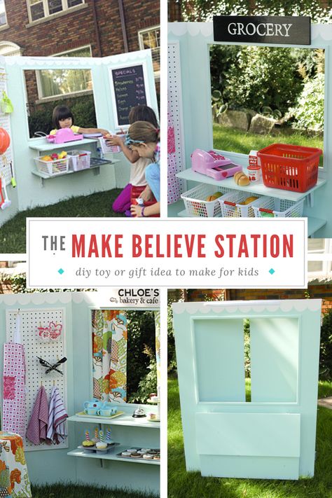 Diy Play Stand, Diy Kids Market Stand, Kids Market Stand, Diy Grocery Store, Entertainment Kitchen, Ticking Stripe Curtains, Diy Lemonade Stand, Diy Lemonade, Kids Market