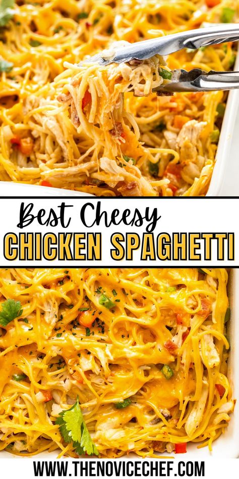 This easy chicken spaghetti recipe is an easy casserole you'll come back to again and again! Tender chicken, bacon, and pasta is coated in a creamy cheese sauce and baked until golden and bubbly. It's the ultimate comfort food in a bowl, perfect for feeding a crowd! Spaghetti Beef Recipe, Easy Chicken Spaghetti Recipe, Gut Protocol, Easy Chicken Spaghetti, Baked Chicken Spaghetti, Crockpot Chicken Spaghetti, Chicken Spaghetti Recipe, Chicken Pasta Casserole, Chicken Spaghetti Casserole