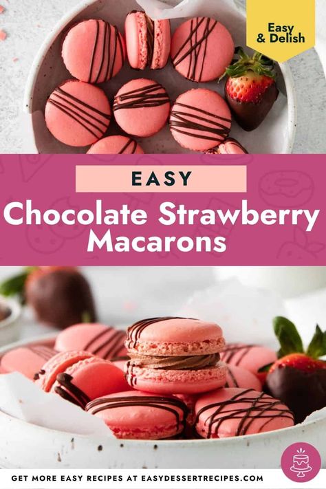 Strawberry Chocolate Macarons, Strawberry Macarons Recipe, Fall Desserts Thanksgiving, Easy Macaroons Recipe, Strawberry Macaroons, Strawberry Macarons, Macarons Recipe Easy, French Macaroon Recipes, Strawberry Macaron