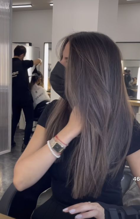 Darkest Ash Brown Hair, Ash Blonde Lowlights On Dark Hair, Dark Brown Ashy Balayage, Ashy Dark Hair, Ash Brunette Hair Dark, Sandy Brown Balayage, Brunette Ash, Brunette Hair Pale Skin, Cold Brown Hair