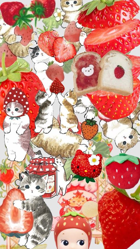 strawberry for my strawberry friend Strawberry Phone Theme, Strawberry Homescreen, Cutecore Strawberry, Ipad Wallpaper Quotes, Strawberry Wallpaper, Strawberry Cat, Beautiful Summer Wallpaper, Phone Theme, Iphone Homescreen Wallpaper