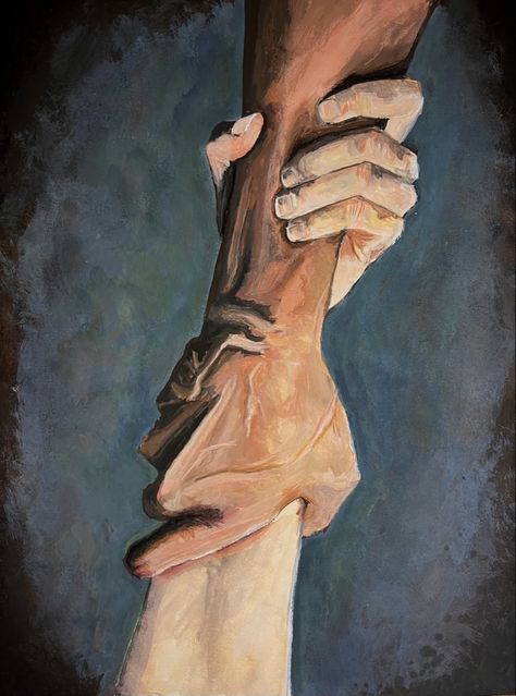 Painting Of Hands Reaching, Hope Themed Art, Picking Up The Pieces Art, Reaching For Each Other, Realistic Hand Painting, Thermal Hands Art, Painting On Friendship, Hands Doing Things, Hands Holding Painting