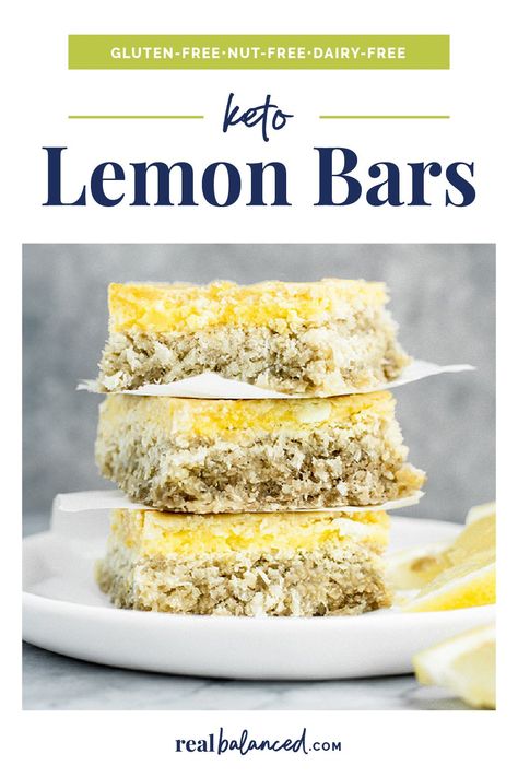 These Keto Sugar-Free Gluten-Free Lemon Bars feature a wonderfully moist and chewy crust that is made from sunflower seed flour and shredded coconut (no almond flour needed!) before being topped with a lusciously creamy lemon filling and baked to perfection. You will love this delicious, sweet, and tangy dessert! And, if you want, you can easily make this recipe dairy-free! #realbalancedblog #sunflowerseedflour #ketodessert #lemonbar Keto Lemon Bars, Lemon Dessert Recipes Easy, Keto Dairy, Dirty Keto, Gluten Free Lemon Bars, Lemon Treats, Keto Treats, Keto Granola, Keto Bars