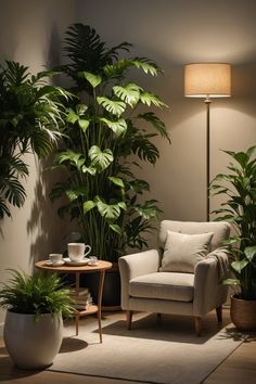 Plants Corner Indoor, Living Room Corners What To Put In, Ideas For A Corner In Living Room, Green Natural Living Room, Living Room Decor Cozy Apartment, Cozy Corner Ideas Living Room, Living Room Plant Decor Ideas, Corner Seating Living Room, Spa Rooms Ideas Decor