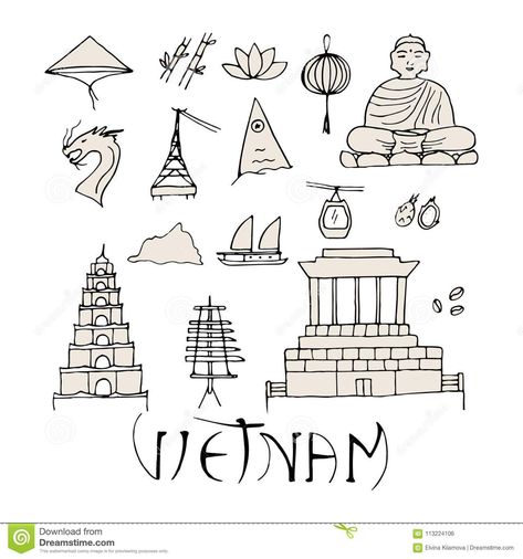 Vietnam Travel Journal, Vietnamese Hat Tattoo, Ha Giang Loop Tattoo, Vietnamese Inspired Tattoo, Vietnam Tattoo Ideas, Viet Tattoo, Vietnam Drawing, Vietnam Culture, Travel Symbols