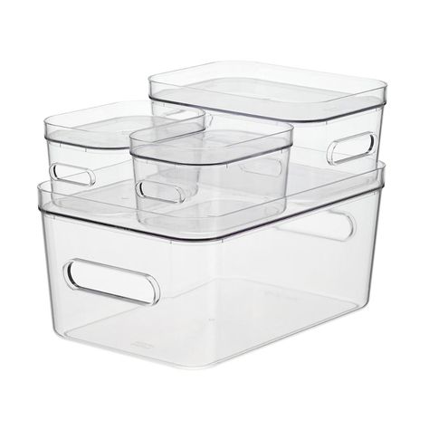 Clear Compact Plastic Bins 4-Pack with Clear Lids | The Container Store Clear Storage Containers, Dorm Checklist, Plastic Bin, Bathroom Cabinet Organization, Organizing Services, Clear Storage, Under Sink Storage, Kitchen Things, Integrated Handles