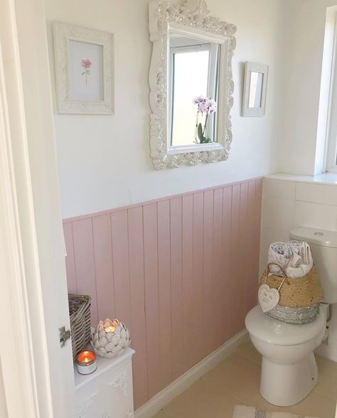 Pink Wall Panelling Bathroom, Pink Downstairs Toilet Ideas, Pink Panelled Walls, Downstairs Toilet Ideas Pink, Pink Cloakroom Toilet, Pink Panelling Bathroom, Pink Downstairs Toilet, Panelled Toilet, Pink Toilet Room