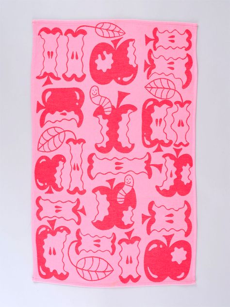 An apple a day keeps the boring kitchen decor away! ✨🍎 Fun and humorous, this design by Cari Vander Yacht comes in a pretty pink colorway. Made with 100% woven cotton in the UK, this towel is designed with apples in several stages of delightful consumption. Patterned Tea Towels, An Apple A Day, Apple A Day, Apple A, Towel Wrap, Pink Design, Towels Design, Cotton Tea Towels, Woven Cotton