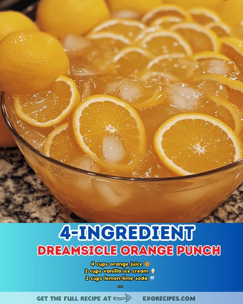 "Whip up this refreshing 4-Ingredient Dreamsicle Orange Punch for your next summer gathering! A simple and delicious drink that will wow your guests. #dreamsicle #orange #punch #refreshing #summerdrinks" Fruity Punch Recipes Non Alcoholic, Dreamsicle Punch, Punch Recipes Non Alcoholic, Strawberry Banana Bread Recipe, Pineapple Dream Dessert, Festive Holiday Drinks, Honey Butter Recipe, Strawberry Banana Bread, Orange Punch