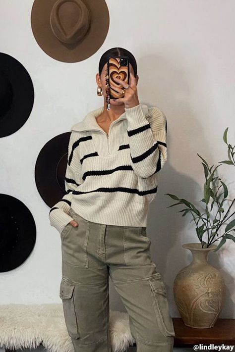 Striped Collared Sweater Outfit, Oversized Half Zip Pullover Outfit, Half Zip Up Sweater Outfit, Half Zip Hoodie Outfit, Collared Sweater Outfit, Zipper Sweater Outfit, Quarter Zip Sweater Outfit, Collar Sweater Outfit, Half Zip Outfit