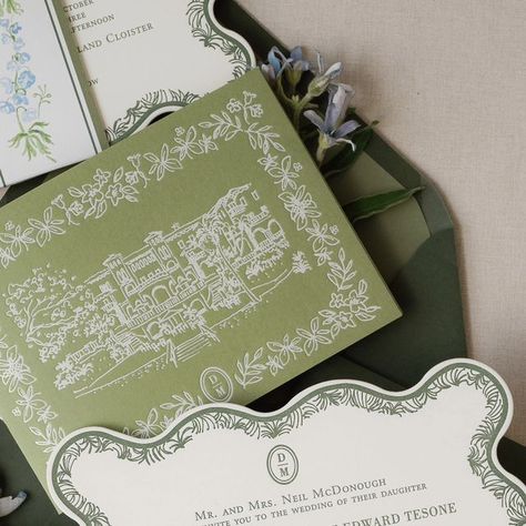 Diane Holdsambeck / My Lady Dye on Instagram: "D+M's custom wedding invitation suite from their Sea Island, GA wedding this past October! Coastal resort vibes, masculine yet elegant, and all the greens. Featuring a die cut with letterpress invitation card with Palm tree leaf form border. White foiled venue illustration on a beautiful green details booklet filled with pages of watercolor paintings. Deep green envelope, green liner, sailboat stamps, and a touch of blue with a delphinium floral belly band 💖💚🤍🩵  The Couple: @darcykmcd @mtesone Wedding Weekend Planning + Design @alwaysyoursevents Photography @kristinaadamsphoto Videography: @huxley_film The Always Yours Team: @ericakate71 @jackie_alwaysyoursevents @nattyice81 @onawhim81 Venue, Catering and Cake: @seaisland @katrinaemanuelsi Palm Tree Wedding Invitations, Sea Island Wedding, Wedding Stationary Design, Green Wedding Invitations, Letterpress Invitations, Wedding Invitation Envelopes, Sea Island, Beautiful Wedding Invitations, Watercolor Invitations