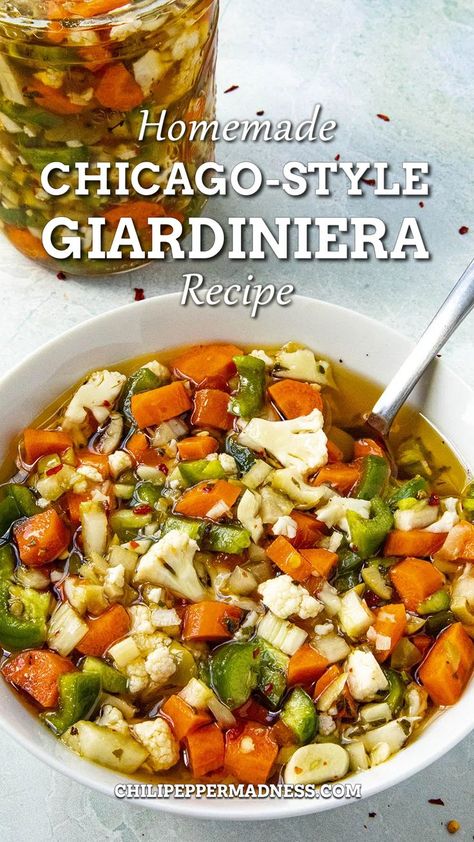 Chicago Style Giardiniera Recipe, Homemade Giardiniera Recipe, Giardiniera Recipe, Pickled Vegetables Recipe, Chili Pepper Recipes, Pickled Peppers, Italian Beef Sandwiches, Beef Sandwiches, Spicy Chicken Recipes