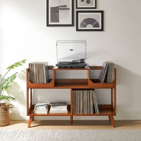 Asheville Large Record Storage Console - Bed Bath & Beyond - 41045310 Record Player Bookshelf, Vinyl Records Storage Ideas, Mid Century Modern Media Console, Living Room Toy Storage, Apartment Boho, Studio Bedroom, Modern Media Console, Record Shelf, Record Player Stand