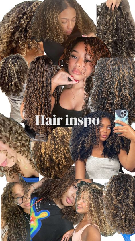 Dark Curly Hair Blonde Highlights, Lowlights On Curly Hair, Hair Highlights Inspiration, Honey Blonde Highlights On Dark Hair, Short Curly Hair Updo, Black Hair With Blonde Highlights, Hair Blonde Highlights, Highlights Inspiration, Natural Hair Highlights