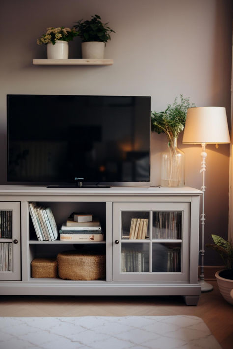 40+ Cozy TV Stand Decor Ideas for Relaxing Evenings Tv Stand Shelves Decor, Cozy Tv Stand, Above Tv Decor, Tv Console Decorating, Tv Stand Decor Ideas, Living Room Candles, Television Stand, Tv Stand Shelves, Living Room Playroom