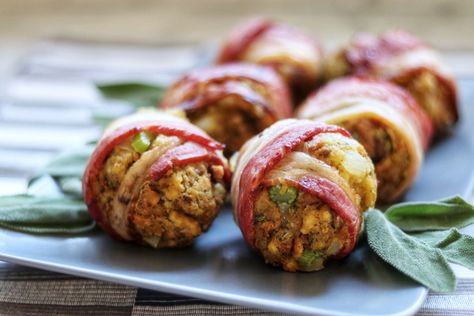 Bacon-Wrapped Stuffing Balls Bacon Wrapped Stuffing, Stuffing Side Dishes, Bacon Stuffing, Holiday Stuffing, Stuffing Balls Recipe, Stuffing Balls, Buttered Vegetables, Meal Inspiration, Easy Stuffing