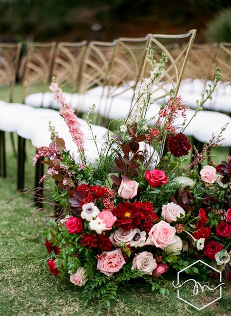 Red And Pink Wedding Palette, Hot Pink And Burgundy Wedding, Aisle Arrangements, Pink And Burgundy Wedding, Wedding Ceremony Aisle, Flower Arragement, Berry Tones, Berry Wedding, Ceremony Aisle