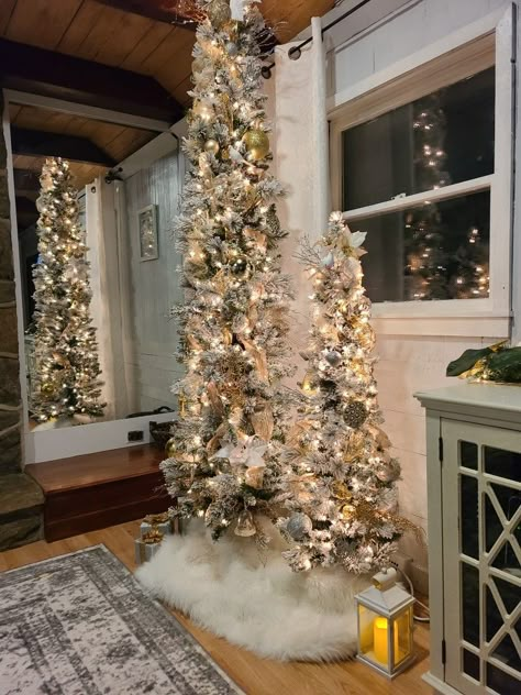 Flocked Slim Christmas Tree Decorated, Slim Flocked Christmas Tree, Flocked Slim Tree With Neutrals, 6ft Flocked Slim Christmas Tree, Whimsical Chritmas Flocked Tree, Flocked Tree With Rlgold, Christmas Tree Decorated, Flocked Christmas Tree, Slim Christmas Tree