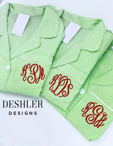 Monogrammed Christmas Pajamas by Deshler Designs LIMITED INVENTORY:  Darling Christmas pajamas for women!  Get ready to lounge in style this holiday season!   Availability: Green Seersucker (striped) PJs  Pants Sets (Long Pants and Long Sleeve Top) Shorts Sets (Shorts and Short sleeve top) Sleep Shirts Scallop Shorts Straight-edge Shorts Pants Only Price includes one monogram! Seersucker pajamas are classic, comfortable and chic.  Add your choice of monogram color and placement!  Sizing is true Womens Christmas Pjs, Womens Holiday Pajamas, Red Pjs, Christmas Pjs Women, Holiday Pajamas Women, Monogrammed Christmas Pajamas, Pjs Christmas, Womens Christmas Pajamas, Holiday Pjs