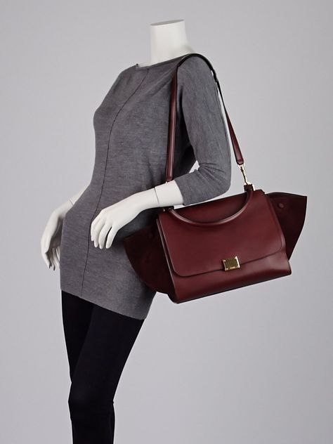 Celine Burgundy Smooth Leather and Suede Small Trapeze Bag Celine Trapeze, Trapeze Bag, Authentic Bags, Tres Chic, Rebecca Minkoff Hobo, Smooth Leather, Color Pop, Top Handle Bag, Shoulder Bag