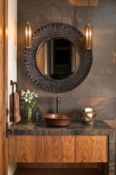 Rustic Powder Room, Wc Decoration, Glamorous Bathroom Decor, Washbasin Design, Washroom Design, Basin Design, Bathroom Design Decor, Slate Tile, Indie Room