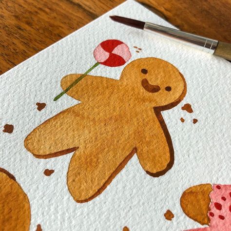 Secret Santa Illustration, Cute Gingerbread Man Drawing, Gingerbread Man Watercolor, Watercolor Gingerbread Man, Secret Santa Card Ideas, Xmas Watercolor Cards, Gingerbread Man Painting, Christmas Cards Gingerbread, Gingerbread Man Illustration