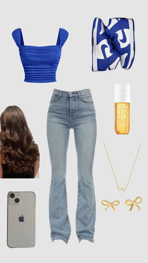 #royal blue #curled hair #blue #nike #iphone Royal Blue Outfits Aesthetic, Royal Blue Top Outfit, Royal Blue Outfit Ideas, Blue Top Outfit, Royal Blue Outfits, Latina Outfit, Royal Blue T Shirt, Curled Hair, Latina Fashion Outfits