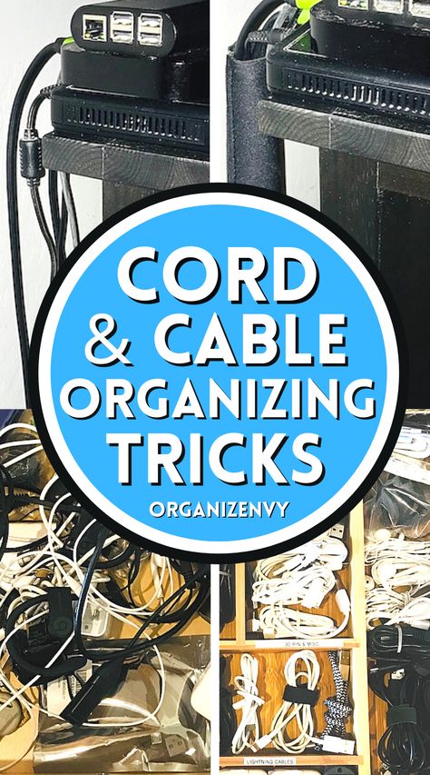 Cord & cable organizing tricks Organize Cables Cords Behind Tv, Organize Cords And Chargers, Cable Storage Ideas, Cable Tidy Ideas, Cords Organization, Cables Organizer, Cord Organization Storage, Usb Cable Storage, Power Cord Organizer