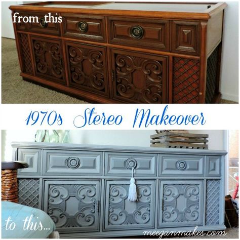 Antics Furniture, Stereo Cabinet Redo, Vintage Stereo Cabinet, Vintage Stereo Console, Blue Bathrooms, Retro Dresser, Painted China Cabinets, Redo Cabinets, Stereo Cabinet