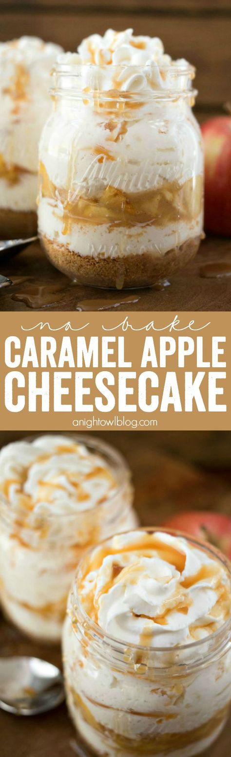 No Bake Caramel Apple Cheesecake - a delicious and decadent dessert that will leave you wanting more! No Bake Caramel Apple Cheesecake, Baked Caramel Apples, Desserts Apple, Mason Jar Desserts, Dessert Oreo, Baked Caramel, Caramel Apple Cheesecake, Apple Cheesecake, Brownie Desserts