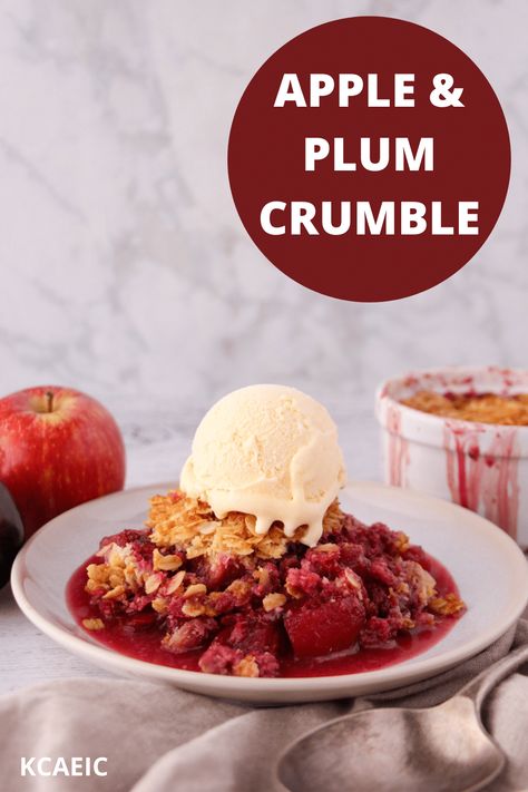 Plum and apple crumble on a plate with a scoop of vanilla ice cream. Easy Crumble Topping, Plum And Apple Crumble, Plum Dessert, Plum Crumble, Baked Fruit, Fruit Dishes, Crumble Topping, Cozy Night, Tasty Recipes