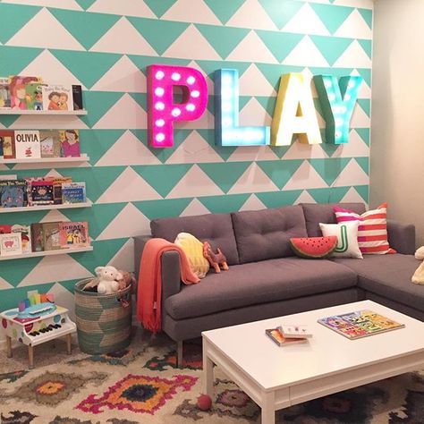 PLAY letters Conservatory Playroom, Loft Playroom, Colorful Playroom, Basement Playroom, Girls Playroom, Art Fruit, Playroom Design, Playroom Ideas, Toy Rooms