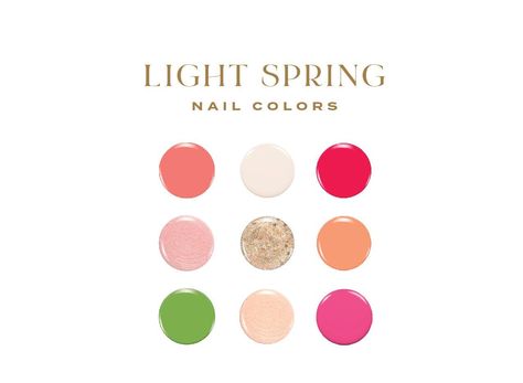 This PDF guide was created as a comprehensive list of all nail color falling within the Light Spring Color Season in color typing. These colors have been carefully matched and ensure that you will choose a nail color that complements the rest of your look.  - GUIDE INCLUDES: 1. Colors listed by brand. Brands include: Essie, Essie Gel Couture, Essie Expressie, OPI Infinite Shine & Regular, OPI Gel, OPI Nature Strong, Olive & June, Gelish, Kiara Sky, Pacifica, Nailtopia, Zoya, Sally Hansen Insta Dri and Sally Hansen Miracle Gel and more! 2. Guides include over 200+ carefully selected and color-matched shades.  2. Looking for a brand not listed? Send us a message and we will track down the coordinating colors for you!  This item is a digital download. After purchase, you will be able to downl Light Spring Nails Colors, Light Spring Nail Polish, True Spring Nail Polish, Light Spring Nail Colors, Light Spring Nails, Gel Couture Essie, Gel Opi, Light Spring Palette, Light Spring Color Palette