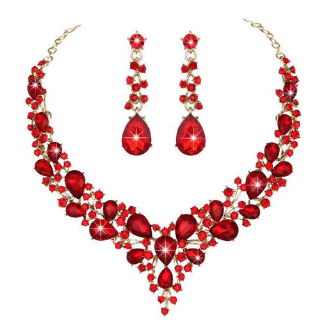 African Wedding Jewelry, Crystal Jewelry Necklaces, Teardrop Jewelry, Formal Jewelry, Rhinestone Material, Crystal Jewelry Sets, Prom Jewelry, Jewelry Card, Red Earrings