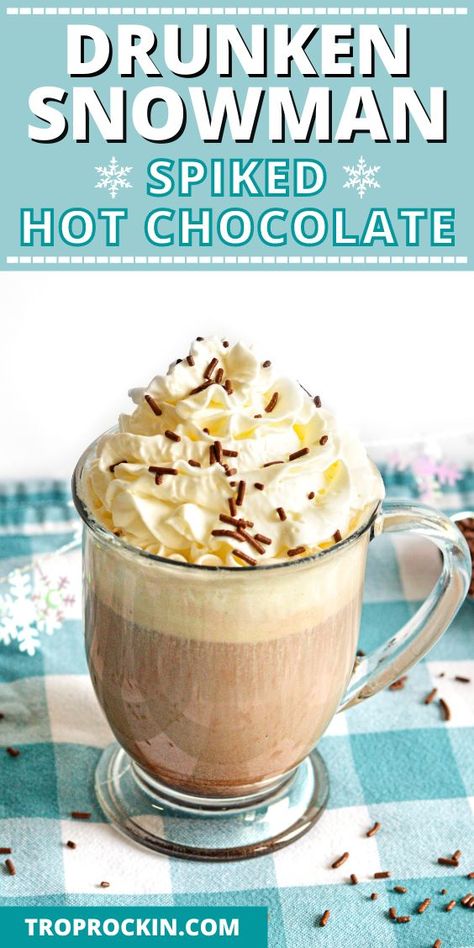 Love spiked hot chocolate? The Drunken Snowman cocktail is a deliciously creamy spiked hot chocolate Bailey's recipe. A sweet combination of vanilla ice cream, hot chocolate and Bailey's. Topped with whipped cream and chocolate sprinkles, this spiked hot chocolate is dreamy! Drunken Snowman, Snowman Cocktail, Hot Chocolate Baileys, Vodka Hot Chocolate, Spiked Hot Chocolate Recipe, Creamy Hot Chocolate Recipe, Hot Chocolate Cocktail, Boozy Hot Chocolate, Spiked Hot Chocolate