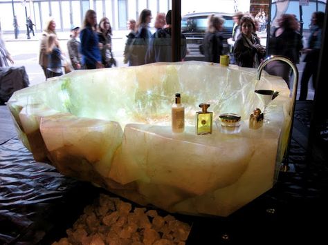 Quartz crystal bathtub. This sounds like the most wonderful thing in the world right now-would be great for soaking up the energies of a full moon, then bathing in them. Nirvana. Crystal Bathtub, Bath Tub Ideas, Drømme Bad, Outdoor Bathtub, Crystal Bath, Tub Ideas, Dream Bathrooms, Eyes Model, Boho Interior