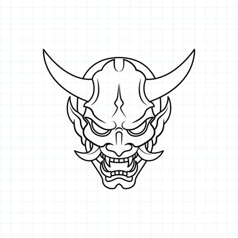 Oni Mask Drawing Simple, Satanic Tattoo Stencil, Simple Oni Mask Tattoo, Oni Mask Drawing, Oni Demon Mask, Demons Tattoo, Mask Coloring Page, Japanese Demon Tattoo, Japanese Mask Tattoo