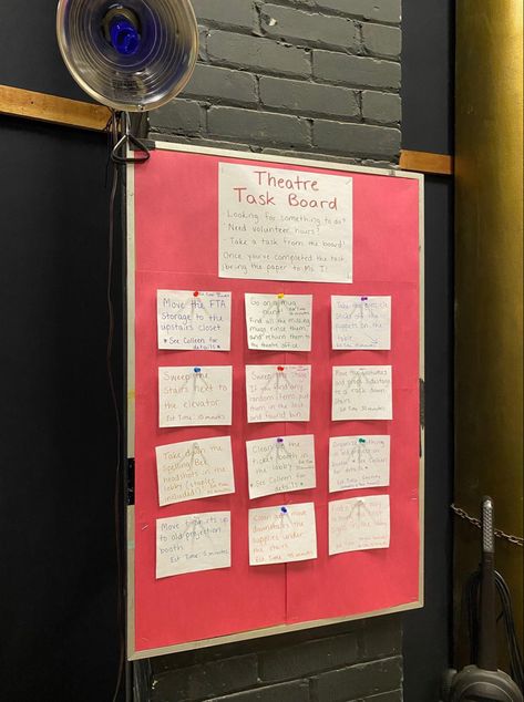 Red bulletin board with white note cards pinned to it. Top card says theatre task board. Below are cards with tasks to complete. Drama Teacher Classroom, Theatre Teacher Outfits, Theatre Classroom Ideas, Theatre Classroom Decor, Middle School Theatre, Theater Classroom, Theater Teacher, Theatre Major, Drama Classroom