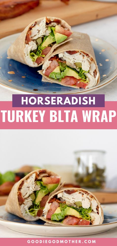 This horseradish turkey BLT wrap elevates leftovers (or plain deli turkey) to the next level! A little spice, fresh flavors, and crunch make this turkey wrap recipe a keeper. #easyrecipe #thanksgivingleftovers #turkeywrap #lunchideas #easymeals #wraprecipe #bltwraps Easy Turkey Wraps For Lunch, Best Turkey Wraps For Lunch, Turkey Blt Sandwich, Turkey Blt Wrap, Turkey Club Wrap, Turkey Blt, Turkey Wrap Recipes, Blt Wraps, Vegetarian Wraps