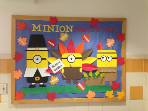 Thanksgiving "a minion holiday health tips" November board Thanksgiving School Nurse Bulletin Board, Disney Thanksgiving Bulletin Board, Minion Thanksgiving Bulletin Board, Ra Bulletin Boards Thanksgiving, Thanksgiving Bulletin Board Ideas Ra, School Counseling Decor, November/december Bulletin Boards, Thanksgiving Classroom Door, Disney Thanksgiving