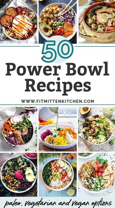 Bringing you 50 delicious power bowl recipes for all of your  healthy dinner and meal prep needs! From paleo, to gluten free to vegetarian and vegan, these power bowls are waiting for you. Healthy Power Bowl, Power Bowl Recipes, Vegetarian Bowls, Power Bowl Recipe, Healthy Bowls Recipes, Power Bowl, Power Bowls, Lunch Bowl, Healthy Bowls