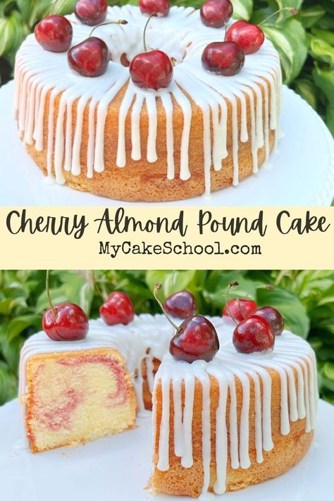 Cherry Almond Pound Cake - My Cake School Cherry Pound Cake Recipes, Almond Pound Cake Recipe, Cherry Pound Cake, Almond Coconut Cake, Almond Pound Cake, Cherry And Almond Cake, My Cake School, Southern Cake, Almond Pound Cakes