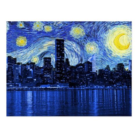 Personalized Postcards - Starry Night Over New York City; 8 Postcards - Zazzle Custom Postcards. #beautiful #art #draw #digitalart #gallery #illustration #paint #drawing #abstract #color #popart #watercolor #artworks #galleryart #graphicart Starry Night City, Starry Night Inspired Art, New York Postcard, Vincent Willem Van Gogh, New York Painting, Medusa Art, Starry Night Art, Paint Inspo, City Postcard