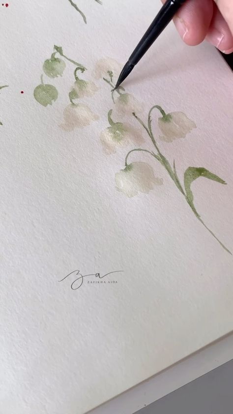 Lily Of The Valley Drawing Watercolor, Lilly Of The Valleys Art, Watercolour Lily Of The Valley, Watercolour Vines, Watercolor Lily Of The Valley, Lilly Of The Valley Drawing Art, Lily Of The Valley Watercolor, Lily Of The Valley Painting, Lily Of The Valley Drawing