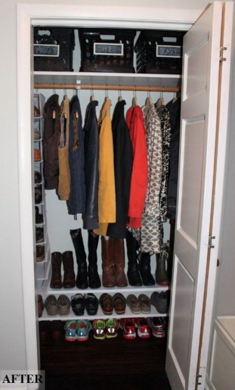 Coat Closet Organization Front Entry, Small Closet Organization Diy, Small Coat Closet, Laundry Closet Makeover, Closet Makeover Diy, Front Closet, Coat Closet Organization, Entry Closet, Organized Closet