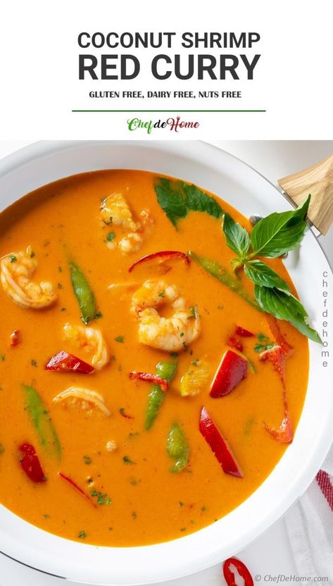 Aromatic Curry Shrimp, creamy with coconut milk and loaded with spicy restaurant-style bold Thai curry flavor. (Ready in minutes for a speedy weeknight dinner.) #shrimp #thai #thaicurry #redcurry #coconutmilk #glutenfree #saucerecipe #seafood #lowcarb #dairyfree #keto #southbeachdietrecipes Red Thai Curry Prawns, Thai Prawns Recipe, Shrimp Panang Curry Recipe, Panang Curry Shrimp, Shrimp With Coconut Milk, Vegetarian Red Curry, Thai Shrimp Curry, Thai Butternut Squash Soup, Red Curry Shrimp